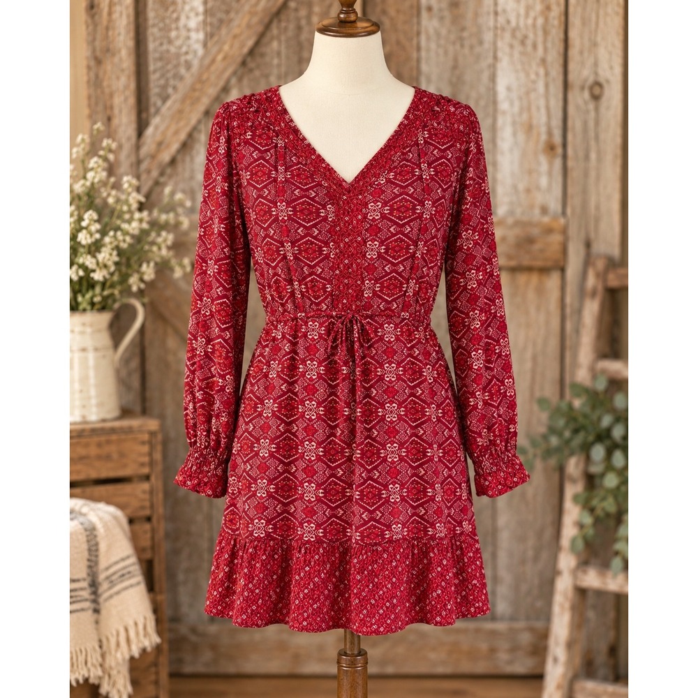 Alya Red Boho Tribal Geometric Print Long Sleeve Drawstring Waist Dress Size S